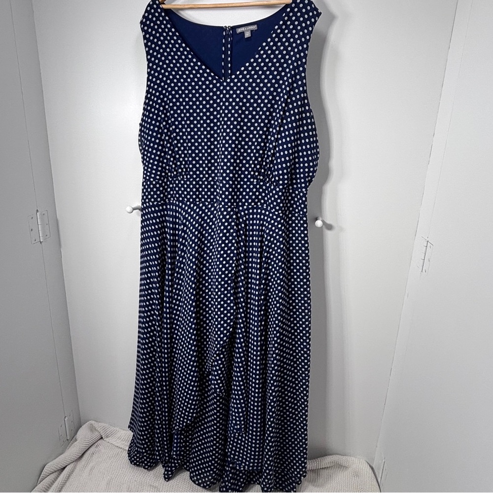 Jessica London Dress Navy Polka Dot Layered Sleeveless V-Neck Plus Size 28W